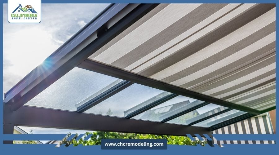 Close-up of a powder-coated architectural aluminum pergola joint showing a clean, rust-resistant finish.