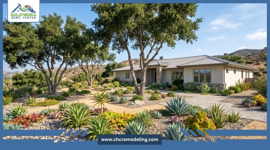 A landscape design featuring fire-resistant, high-moisture succulents and properly pruned trees to eliminate ladder fuels.