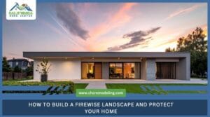 A beautiful modern home featuring firewise landscaping with gravel, spaced-out native plants, and non-combustible materials.