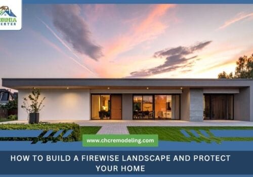 A beautiful modern home featuring firewise landscaping with gravel, spaced-out native plants, and non-combustible materials.