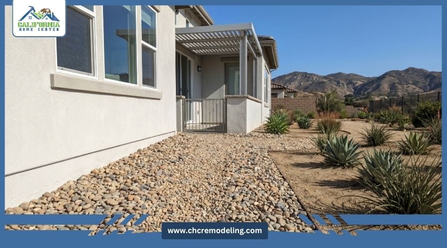 A home exterior demonstrating property hardening with river rock and gravel replacing highly flammable wood mulch near the foundation.