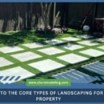 A modern backyard landscape featuring large square concrete pavers set in a grid pattern within a lush green lawn.
