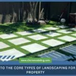 A modern backyard landscape featuring large square concrete pavers set in a grid pattern within a lush green lawn.