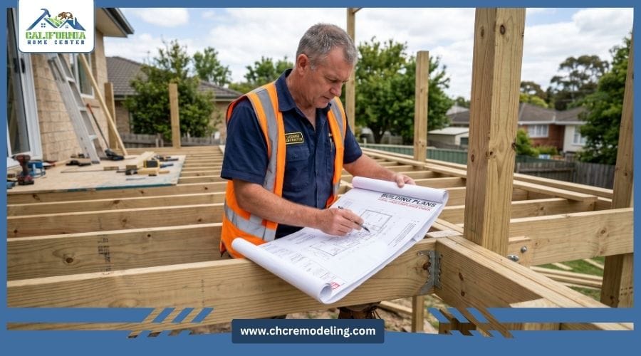 A licensed contractor inspecting deck framing and reviewing building plans