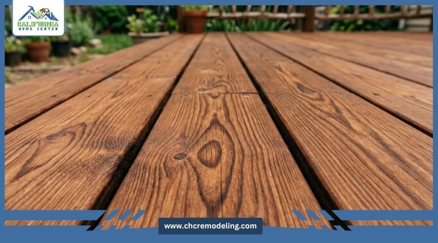 Close-up of stained natural wood decking boards showing traditional wood
