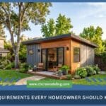 ADU requirements A modern accessory dwelling unit (ADU) built in a spacious residential backyard