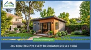 A modern accessory dwelling unit (ADU) built in a spacious residential backyard