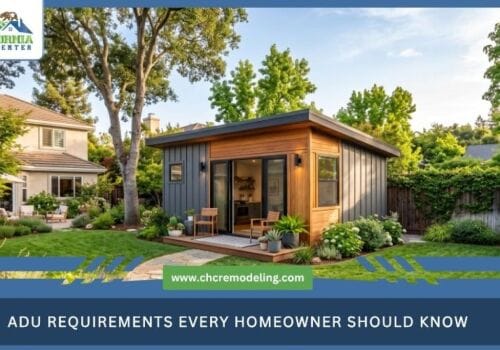 ADU requirements A modern accessory dwelling unit (ADU) built in a spacious residential backyard