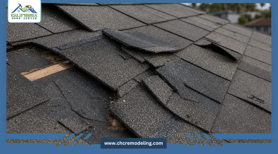 Close-up of roof shingles damaged by high winds with lifted tabs and exposed underlayment