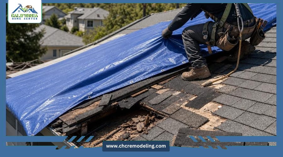 Roofing contractor securing a tarp and preparing repairs after wind damage