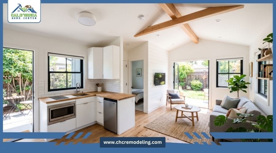 Interior view of a compliant ADU featuring a dedicated cooking space, living area, and natural lighting.