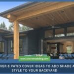 patio cover ideas Modern home backyard featuring a large covered patio with a wooden plank ceiling and a ceiling fan, with a text overlay reading "Discover 8 Patio Cover Ideas to Add Shade and Style to Your Backyard" by California Home Center.