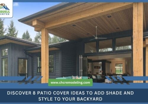 Modern home backyard featuring a large covered patio with a wooden plank ceiling and a ceiling fan, with a text overlay reading "Discover 8 Patio Cover Ideas to Add Shade and Style to Your Backyard" by California Home Center.
