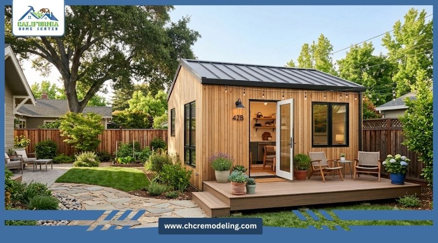 A modern, wood-sided Accessory Dwelling Unit (ADU) with a metal roof and a small deck in a landscaped backyard, featuring the California Home Center logo.