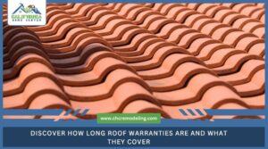 Close-up of overlapping terracotta roof tiles, with text reading, "Discover how long roof warranties are and what they cover."