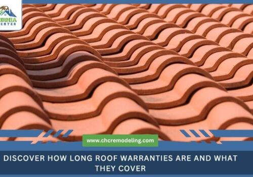 Close-up of overlapping terracotta roof tiles, with text reading, "Discover how long roof warranties are and what they cover."