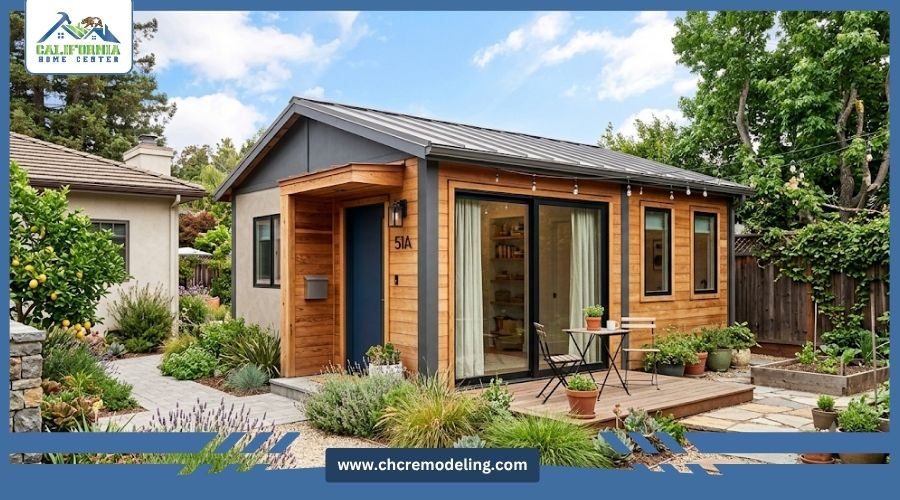 A modern, wood-sided Junior Accessory Dwelling Unit (ADU) with a small deck in a landscaped backyard, featuring the California Home Center logo.