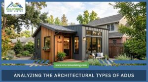 A modern, detached Accessory Dwelling Unit (ADU) in a residential backyard, with text reading "Analyzing the architectural types of ADUs."