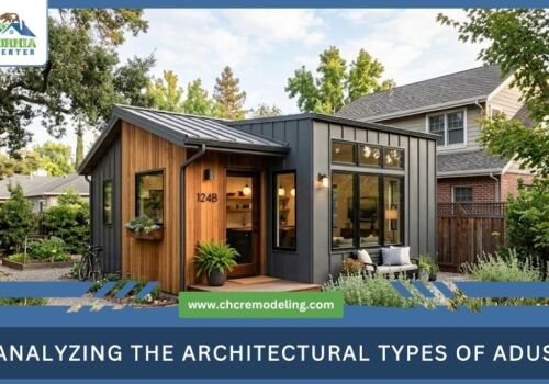 A modern, detached Accessory Dwelling Unit (ADU) in a residential backyard, with text reading "Analyzing the architectural types of ADUs."
