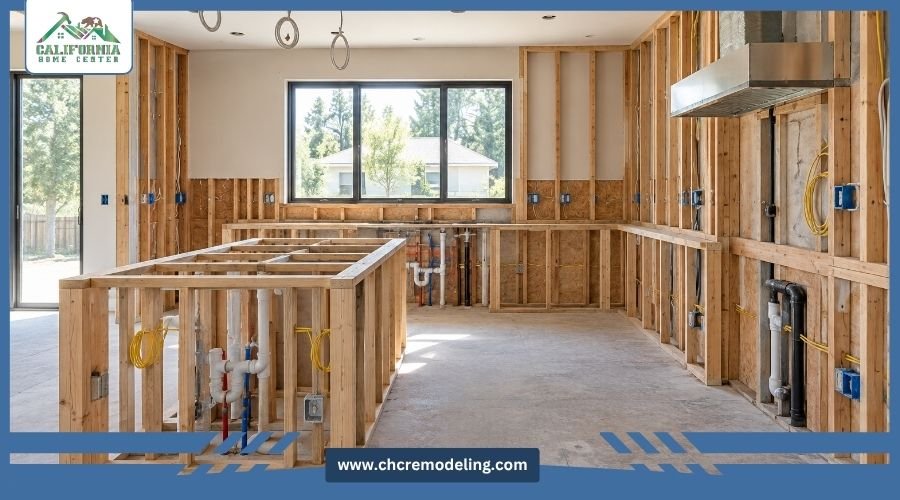 Kitchen remodeling rough-in stage with plumbing and electrical work in Temecula